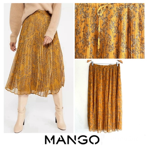 MANGO Mustard Floral Print Pleated Chiffon Tie & Elastic Waist Midi Skirt Sz M - Picture 1 of 13